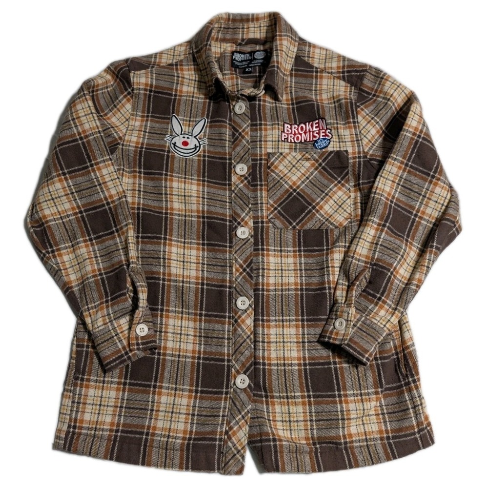 Broken Promises Happy Bunny‎ Womens XS Flannel Shirt Brown Plaid Graphic